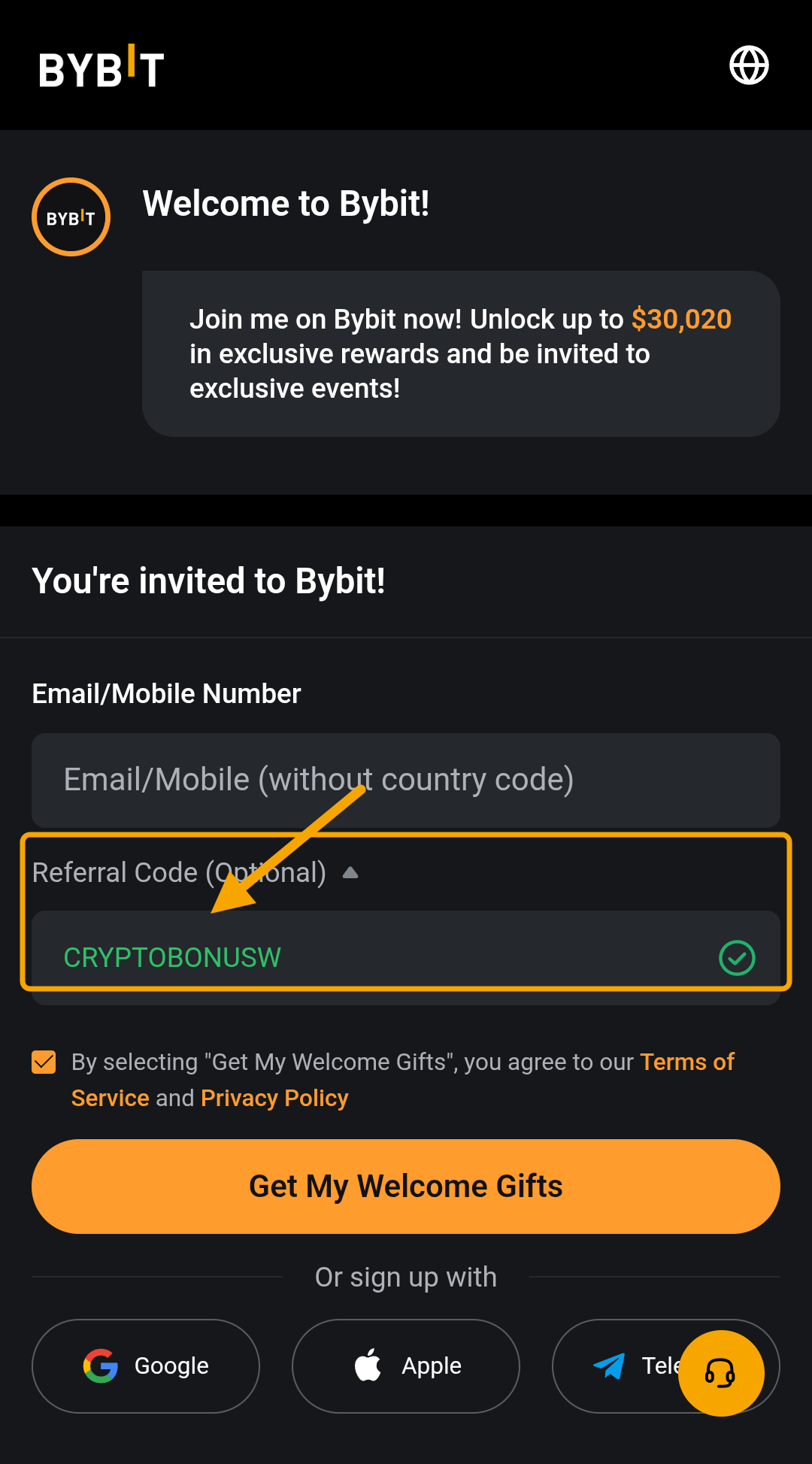 Bybit referral code CRYPTOBONUSW auto-filled on the sign-up page