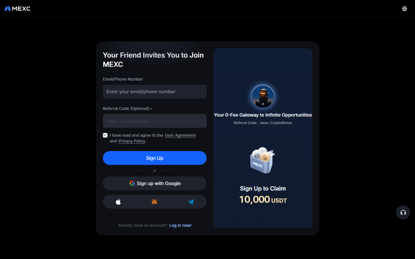 MEXC sign-up page with referral code mexc-CryptoBonus pre-filled and 10,000 USDT new user offer shown