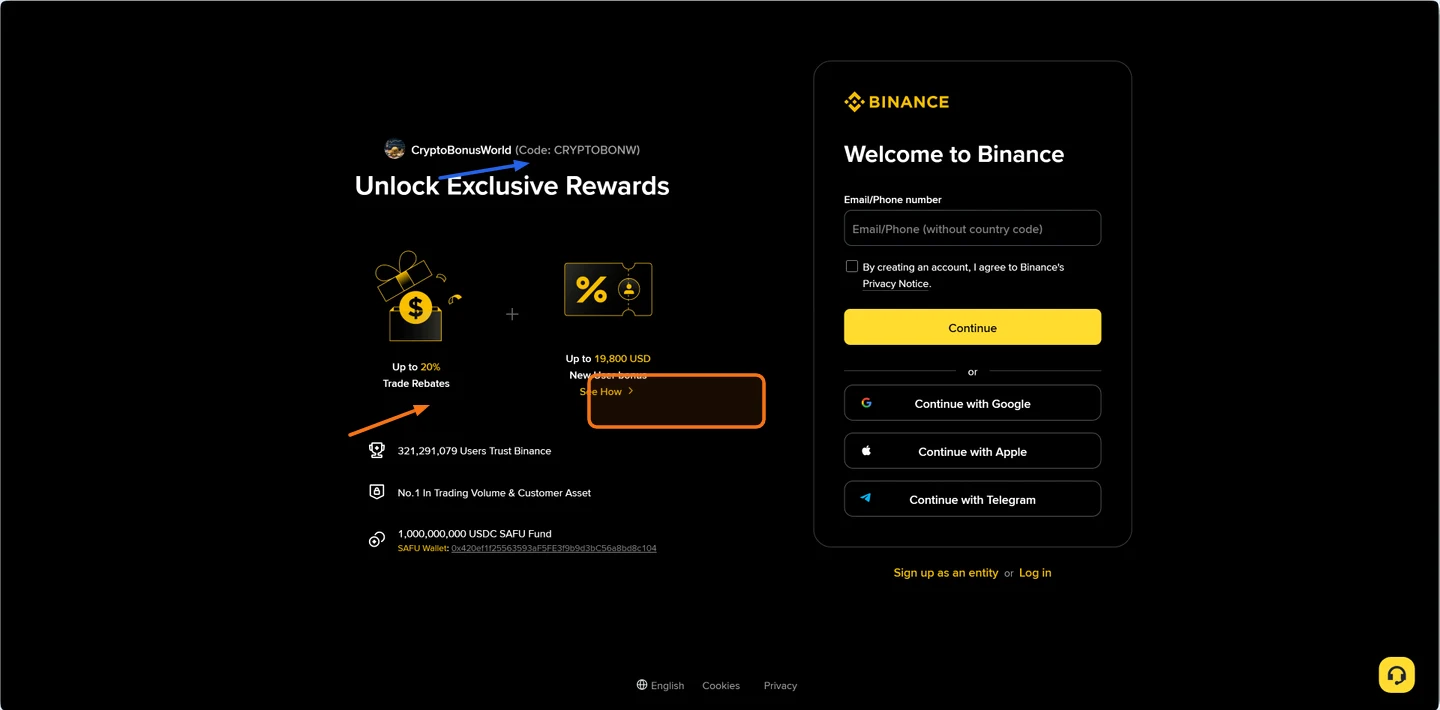 Binance sign-up page showing the live new-user offer — captured Jun 2026