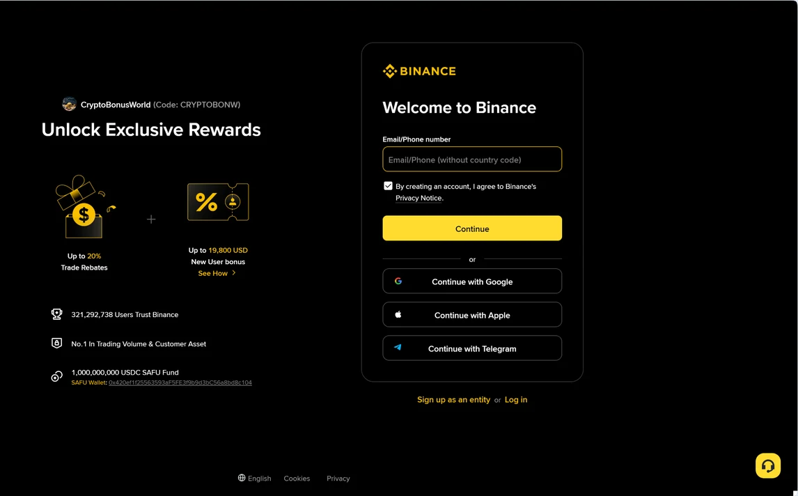 Binance registration page showing the Up to 19,800 USD Sign Up Rewards banner and empty registration form (June 2026)