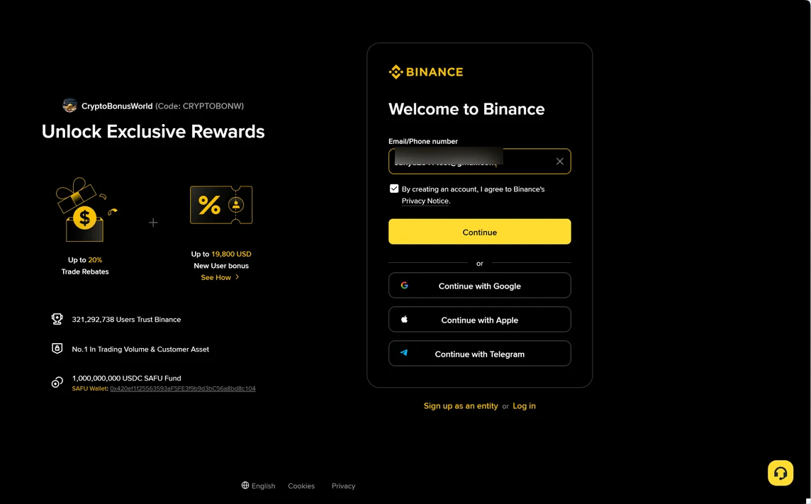 Binance registration form with email entered, showing the CryptoBonusWorld referral badge and Up to 19,800 USD Sign Up Rewards (June 2026)
