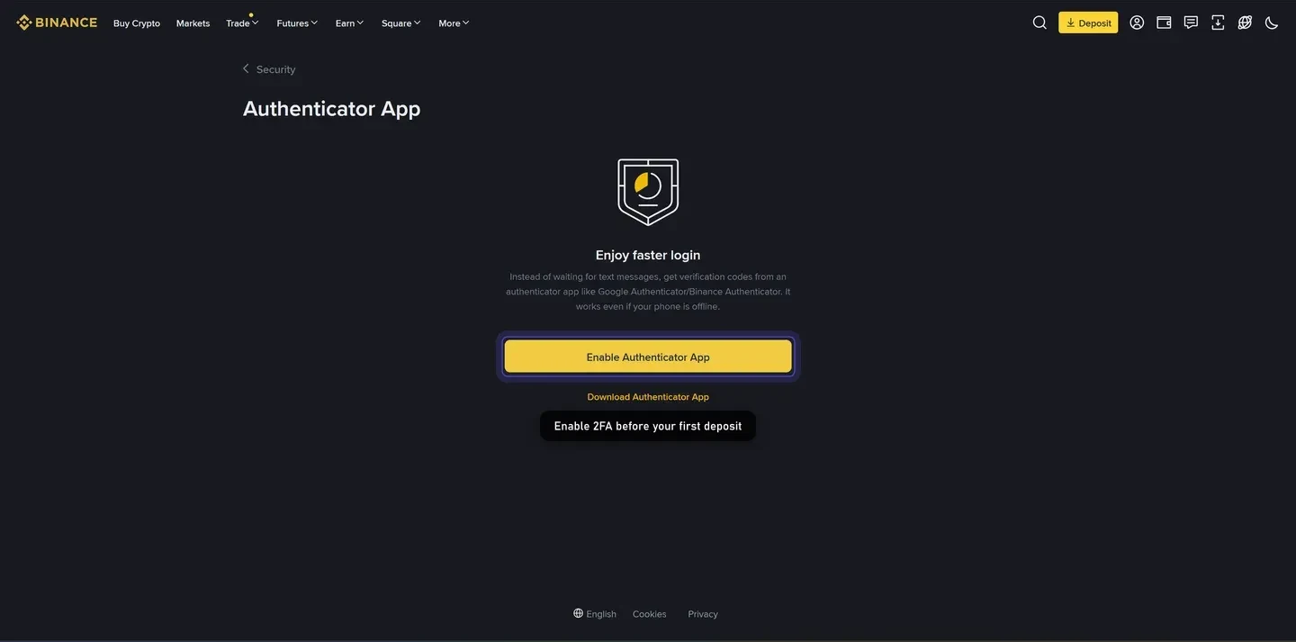 Binance authenticator app 2FA setup screen