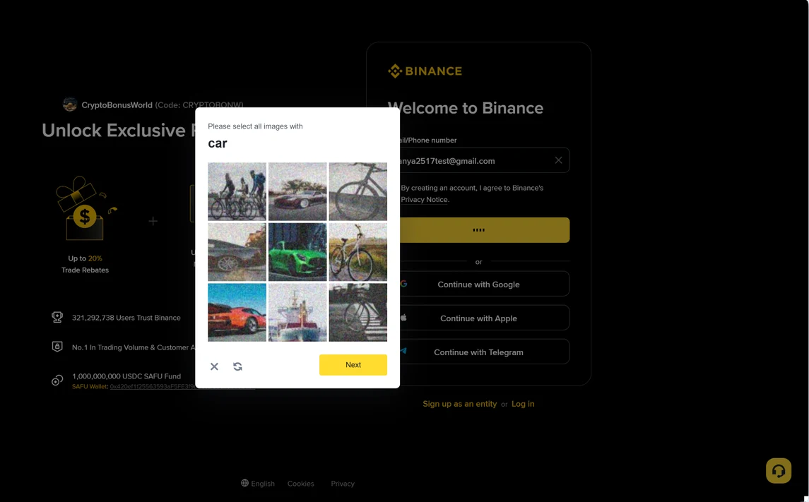Binance CAPTCHA security check — image grid asking to select matching pictures (June 2026)