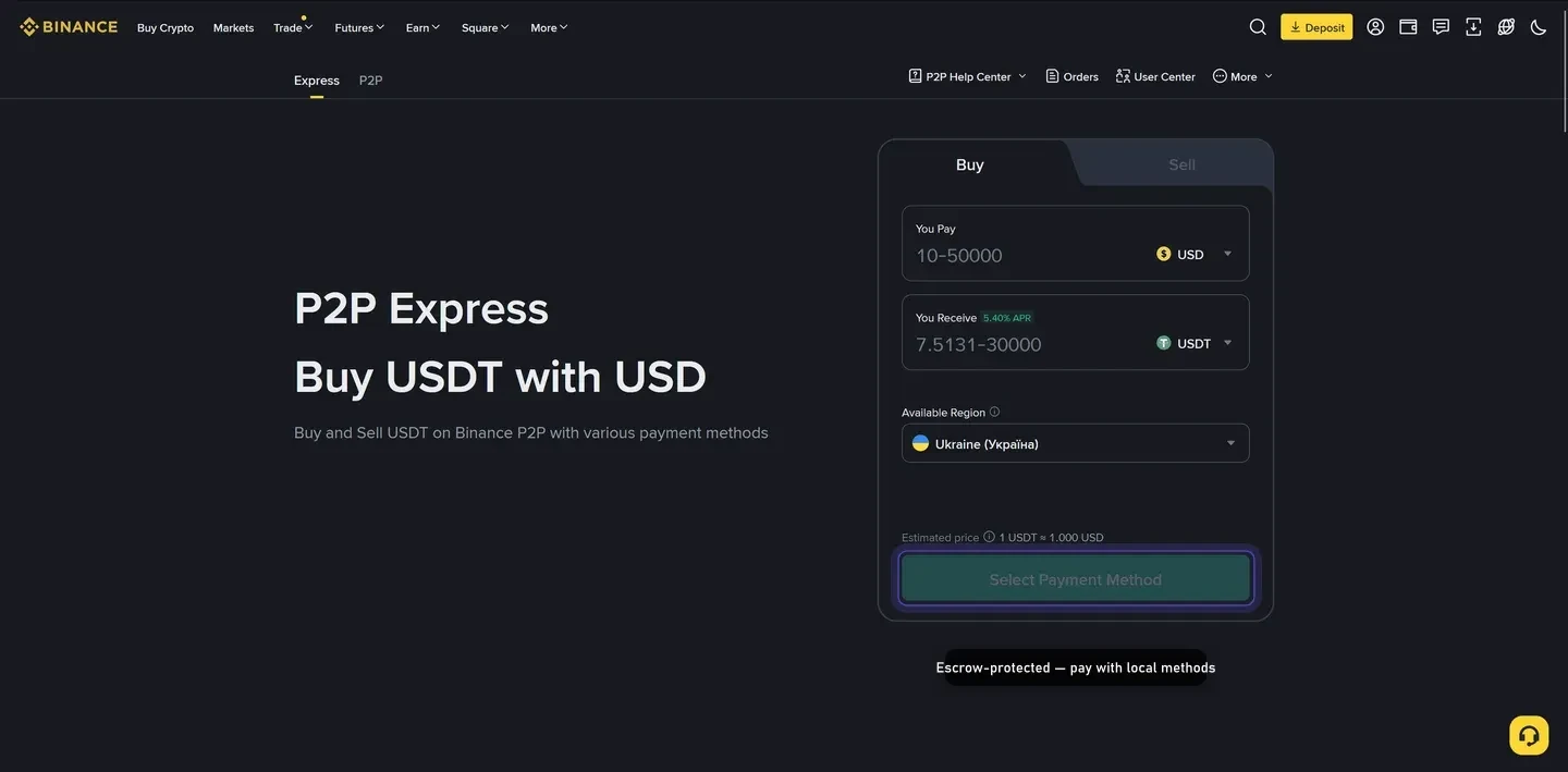 Binance P2P Express view with the You Pay / You Receive widget for buying USDT (June 2026)