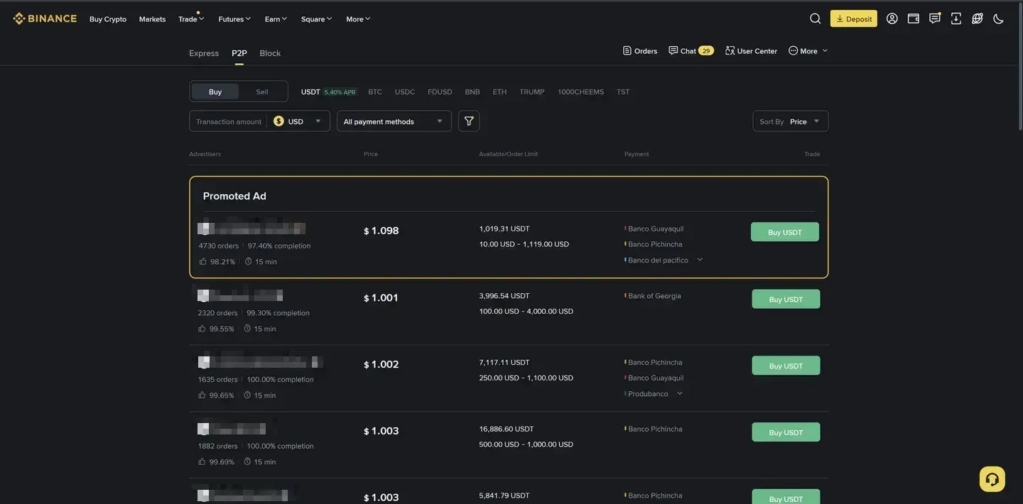 Binance P2P marketplace showing USDT seller listings with prices, order limits, payment methods and completion rates (June 2026)