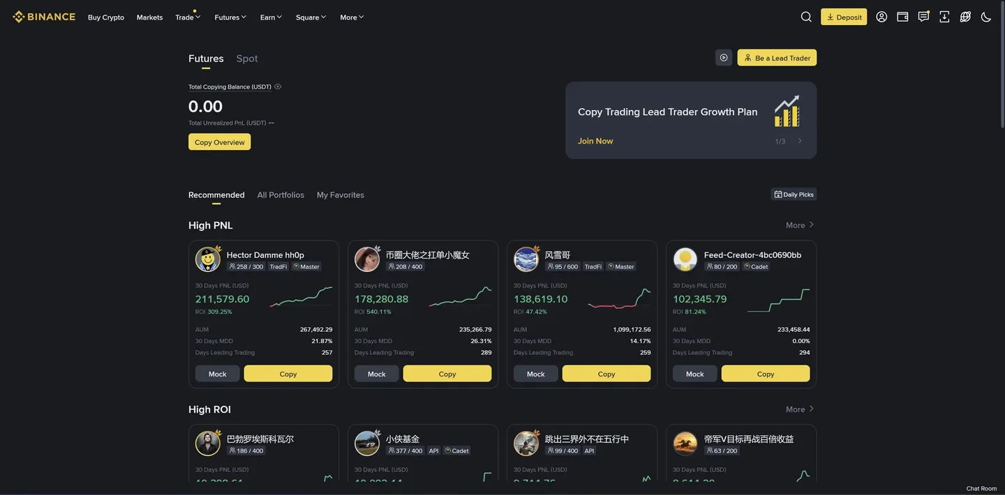 Binance Copy Trading trader selection screen (June 2026)