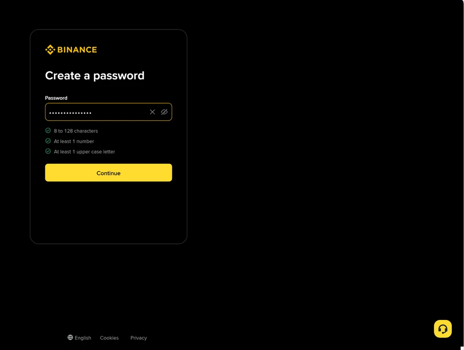 Binance registration form with the password being entered (June 2026)