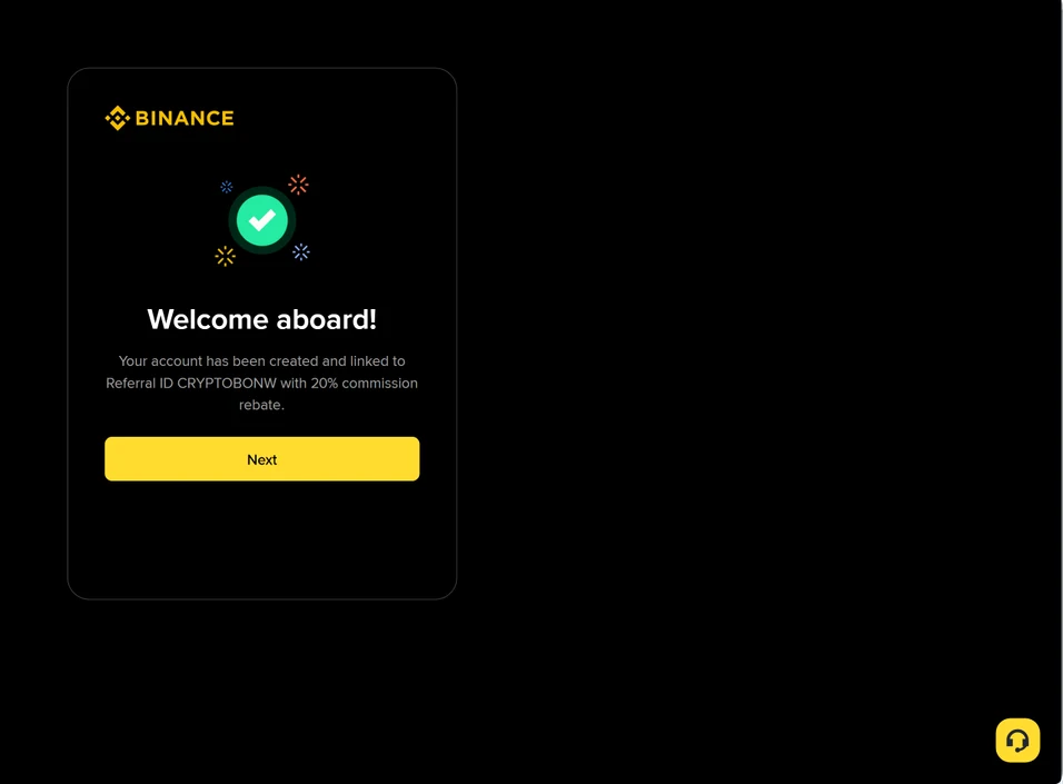 Binance welcome screen confirming the account is created and linked to Referral ID CRYPTOBONW (June 2026)