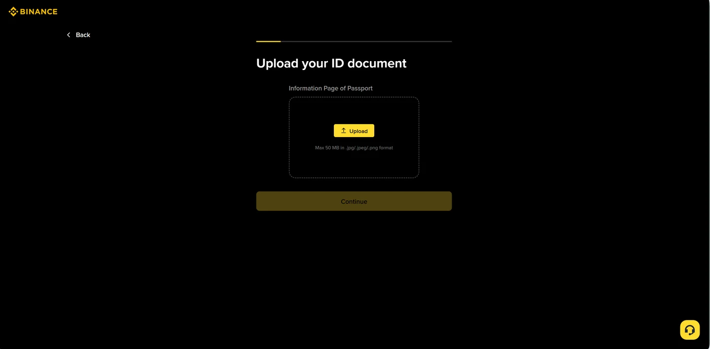 Binance KYC upload screen for the information page of a passport (June 2026)