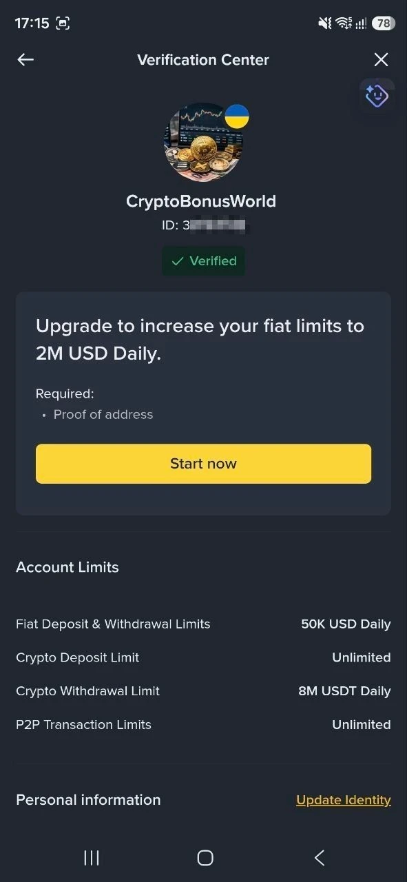 Binance Verification Center on our own account showing the green Verified badge and unlocked account limits (June 2026)