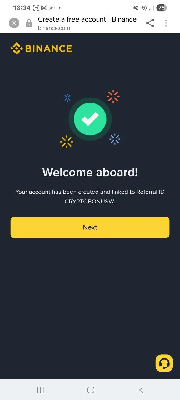 Binance app Welcome aboard screen confirming the account is linked to Referral ID CRYPTOBONW (June 2026)