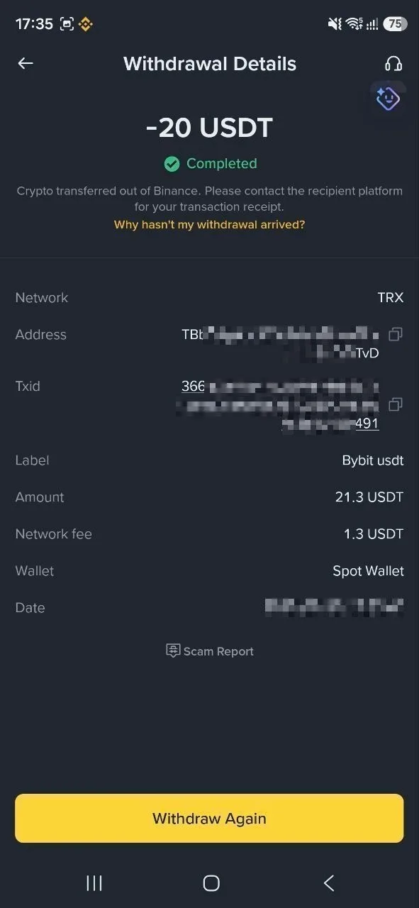 Binance withdrawal details screen showing status Completed for a USDT TRC-20 withdrawal (June 2026)