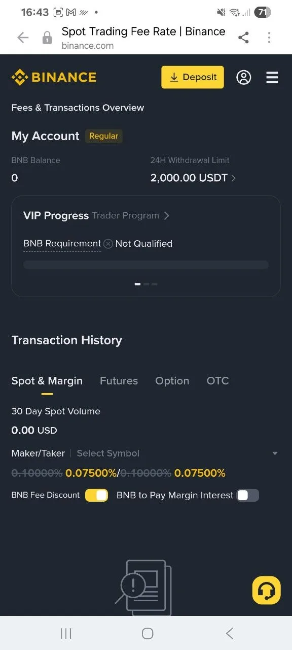 Binance fees and limits overview before KYC showing a 2,000 USDT 24h withdrawal limit (June 2026)