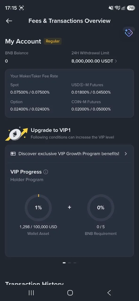 Binance fees and limits overview after KYC showing an 8,000,000 USDT 24h withdrawal limit (June 2026)