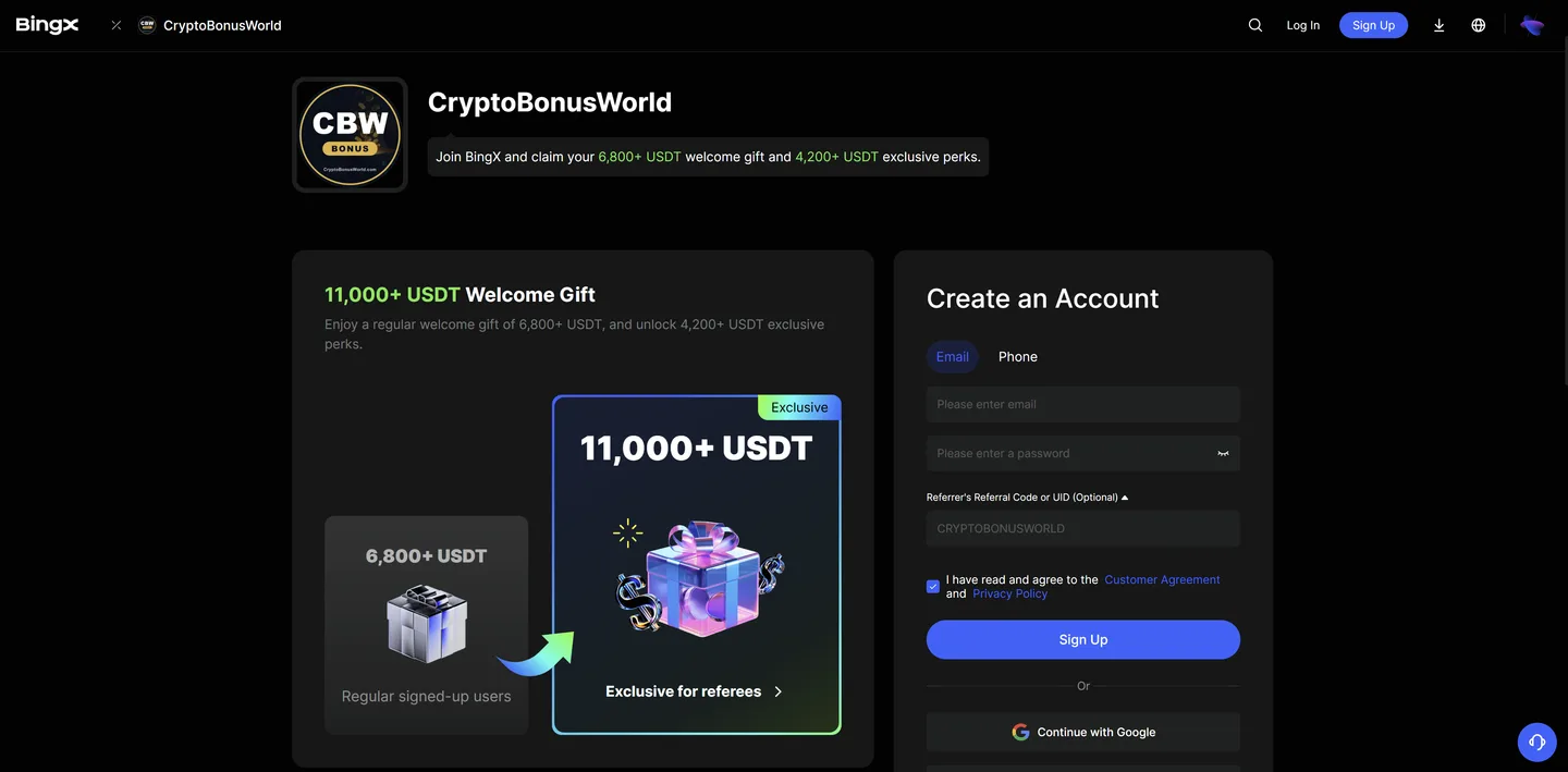 BingX referral landing page showing welcome package up to 11,000 USDT for referees