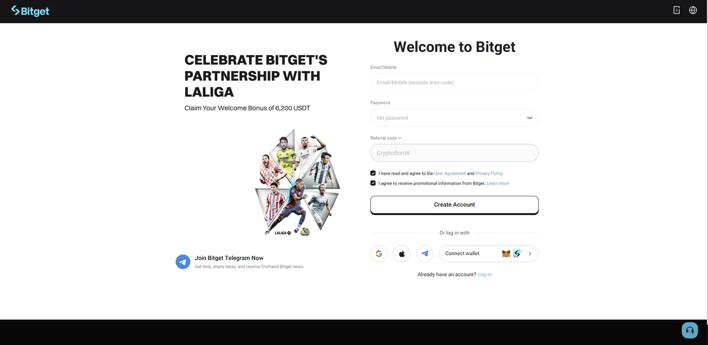 Bitget affiliate partner landing page showing 6,200 USDT welcome bonus with CryptoBonW referral code pre-filled — desktop screenshot June 2026