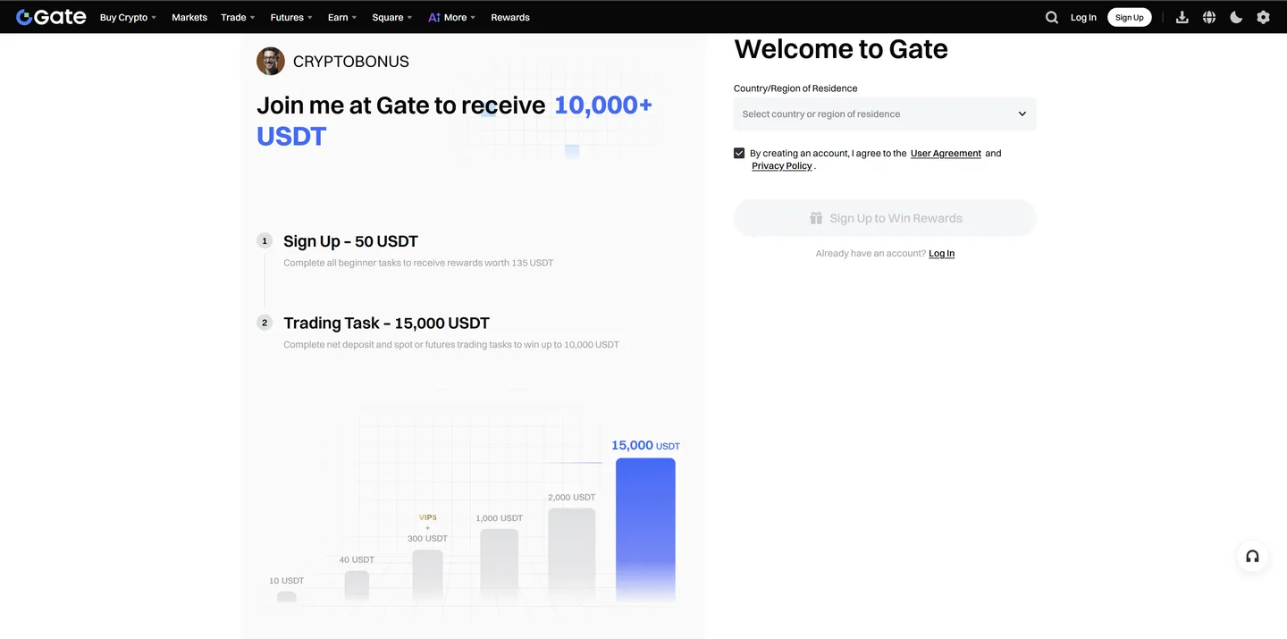 Gate.io sign-up page showing the live new-user offer — captured Jun 2026