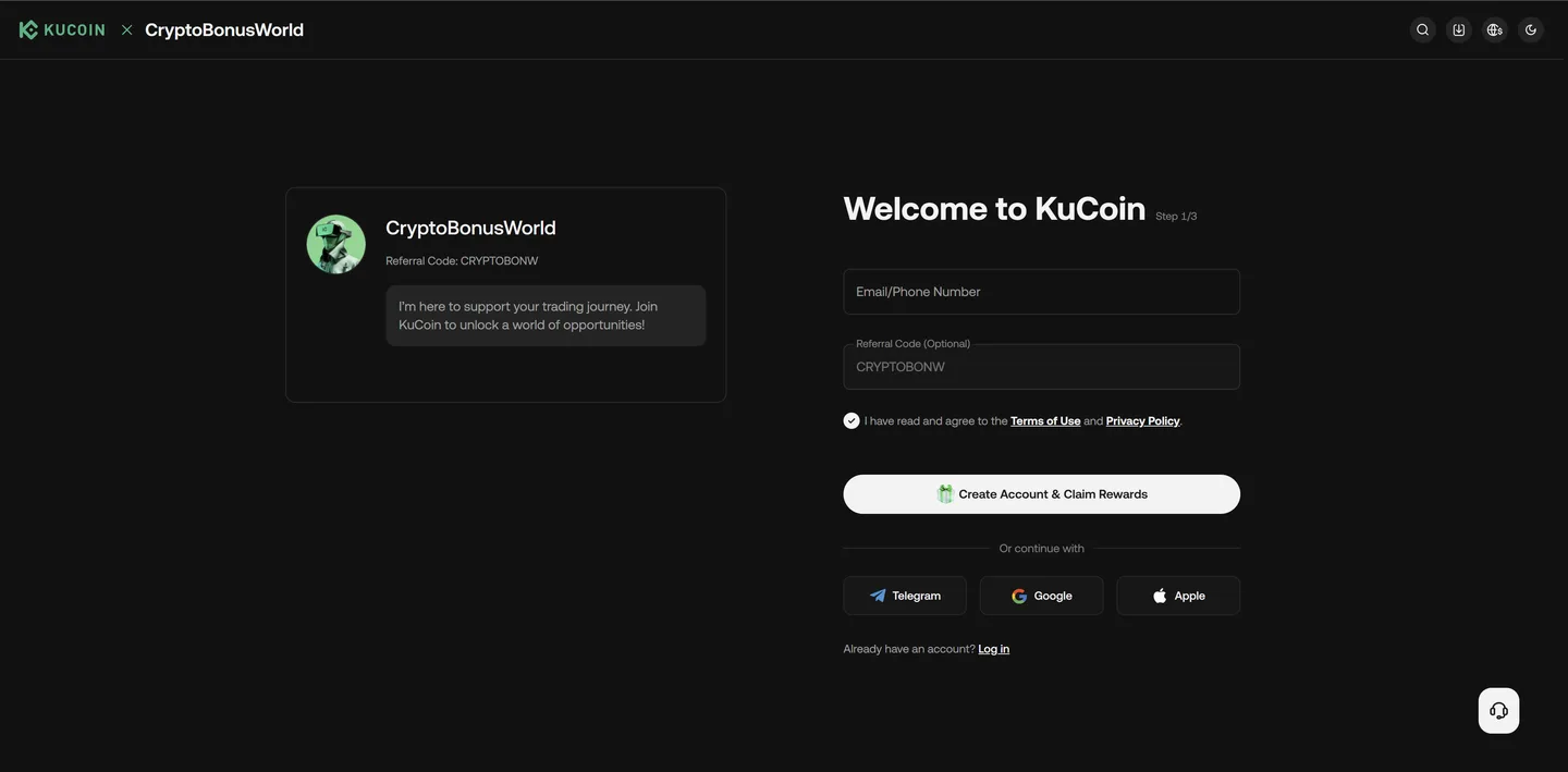 KuCoin referral landing page with code CRYPTOBONW applied